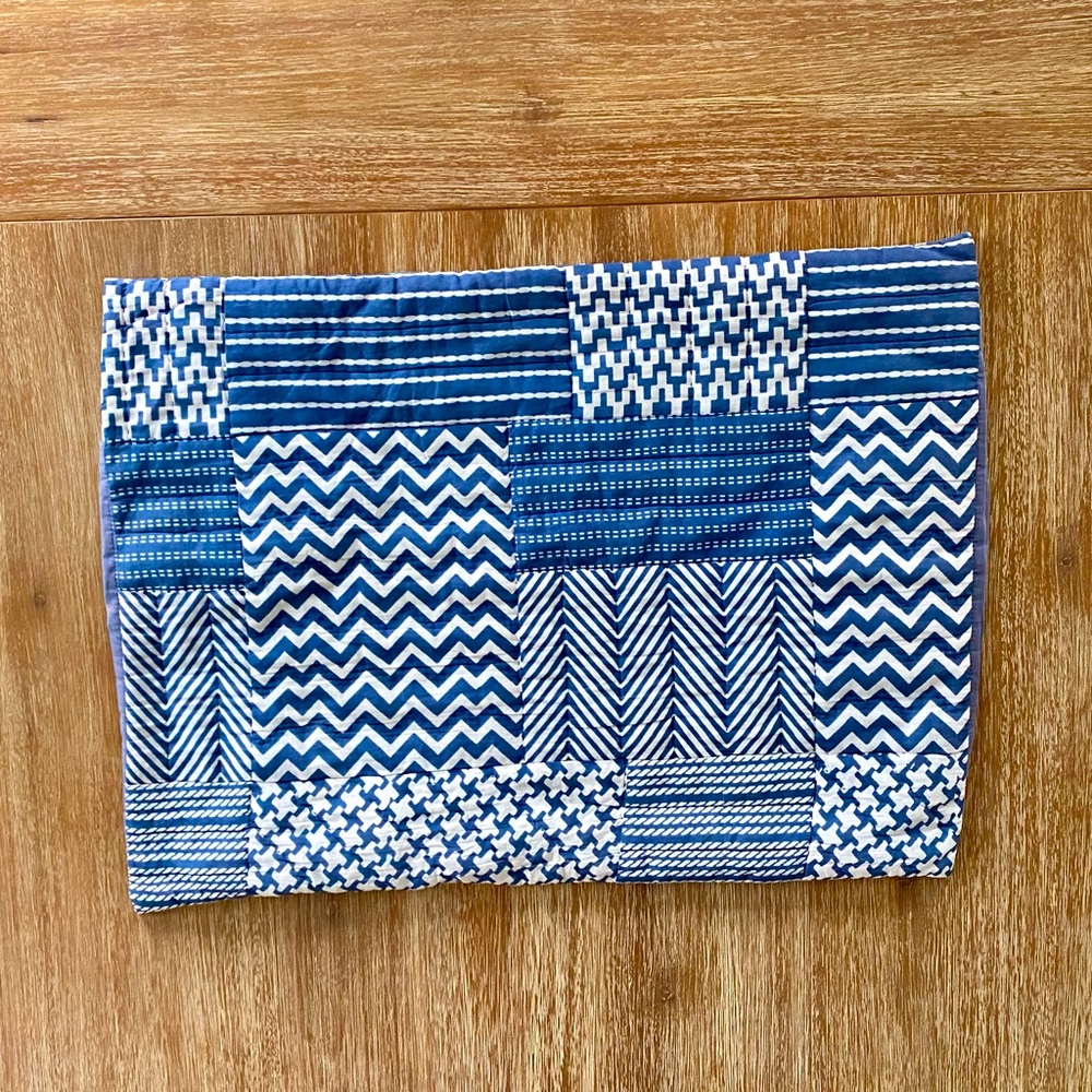 Crate & Barrel Blue & White Block-Printed Pin-Tucked Quilted Pillow Sham